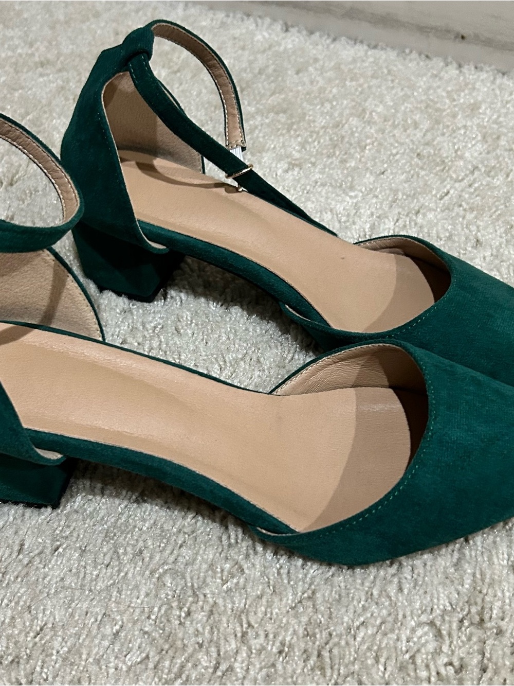Women’s Emerald Green Block Heel Ankle Strap Pumps